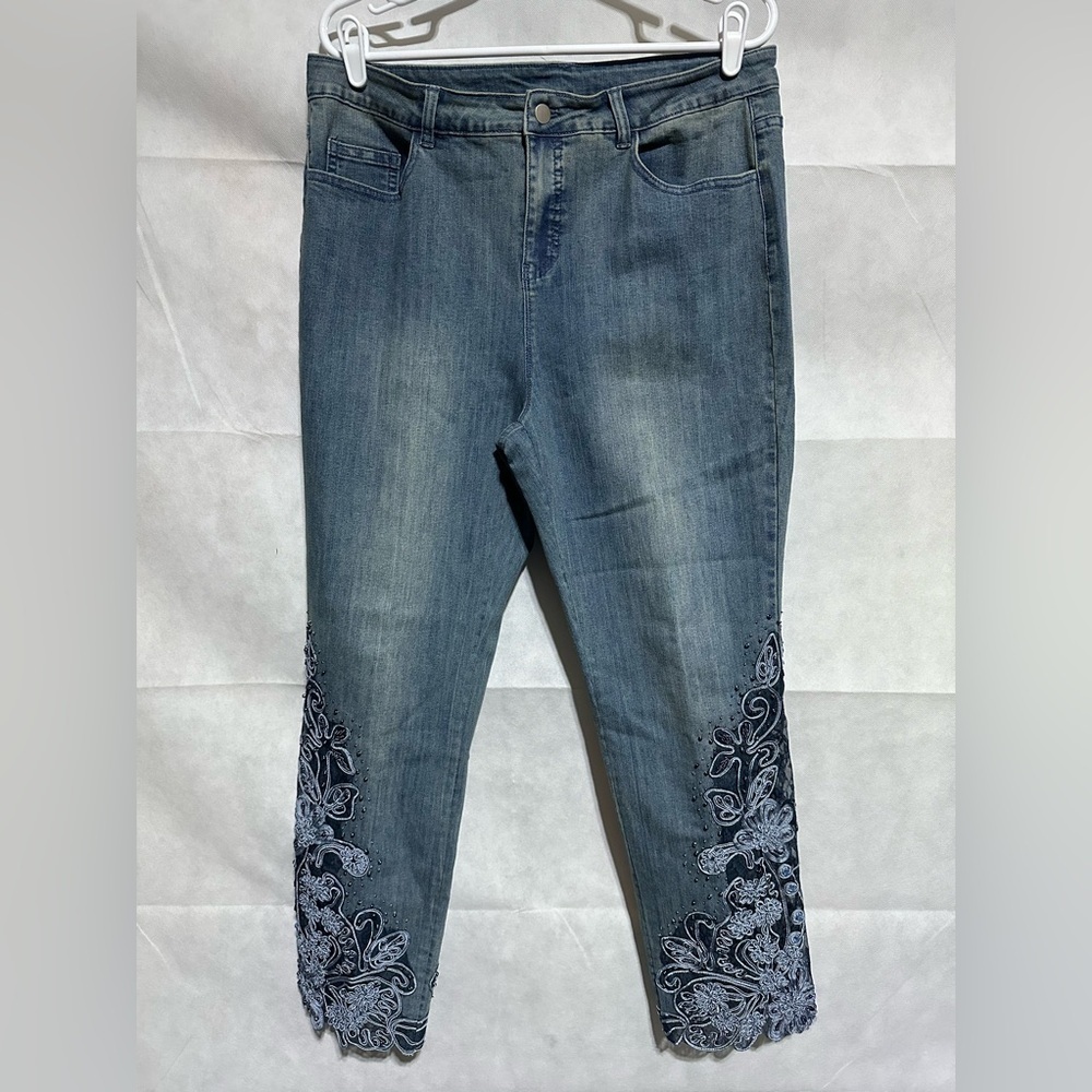 Soft Surroundings Parisa Blue Jean Embellished Beaded Denim Straight Leg 14 NWOT